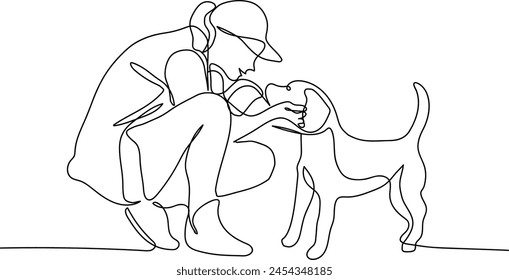 Young Woman Playing with her dog and giving it a hug and kiss. One line. Line Art.