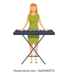 Young woman playing keyboard synthesizer electronic piano on stage