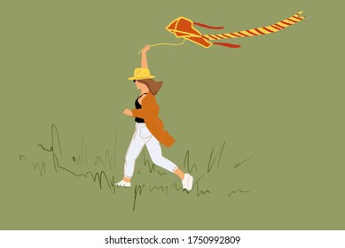 Young woman playing with kite on the greenfield. Vector illustration in flat cartoon style. Carefree lifestyle and summer activities concept