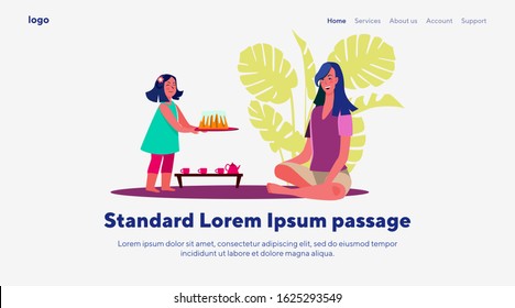 Young woman playing with little daughter. Girl, bakery, tea party flat vector illustration. Leisure, cooking, activity concept for banner, website design or landing web page