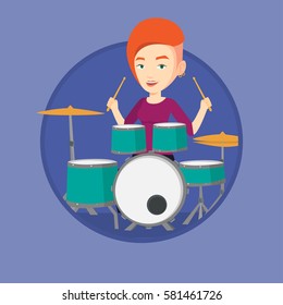 Young woman playing on drums. Caucasian mucisian playing on drums. Woman playing on drum kit. Woman sitting behind the drum kit. Vector flat design illustration in the circle isolated on background.