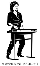 Young woman playing on a music keyboard. Vector clipart isolated on white.