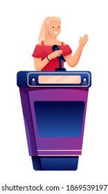 Young woman playing quiz game. Happy girl answers question in competition, standing with microphone. Television trivia show vector illustration. Woman thinking on white background.