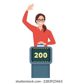 Young woman playing quiz game answering question standing at the stand with button. Girl pressed the buzzer first and raised hand up in the light of spotlight. Flat vector illustration