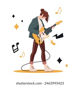 Mujer joven tocando música rock en guitarra eléctrica. Guitarrista femenina sonriente feliz. Músico de rock actuando en instrumentos de cuerda. Ilustración vectorial plana aislada sobre fondo blanco.