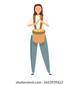 Young woman is playing the snare drum with drumsticks