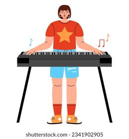 Young woman playing synthesizer, electric piano instrument. Flat cartoon vector illustration isolated on white background.