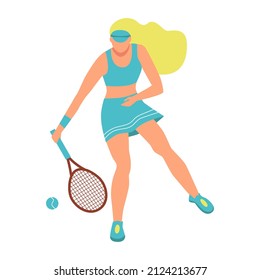 A young woman playing tennis. A flat character. Vector illustration.