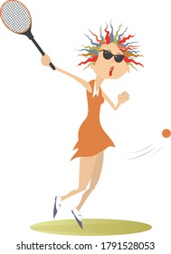 Young woman playing tennis illustration. Pretty young woman in sunglasses with a tennis racket isolated on white
