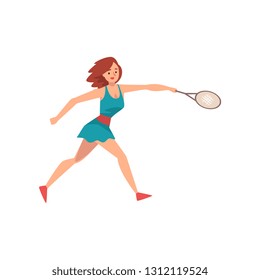 Young Woman Playing Tennis, Professional Sports Woman Character with Racket in Her Hand Vector Illustration