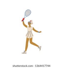 Young Woman Playing Tennis, Professional Sports Woman Character with Racket Vector Illustration