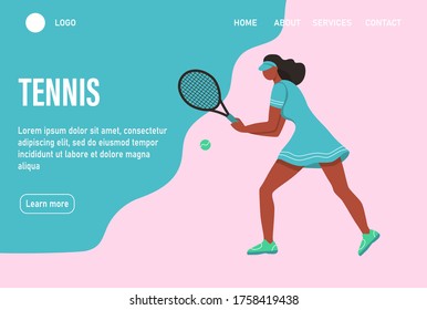 A young woman playing tennis. Website homepage landing web page template. A flat character. Vector illustration.