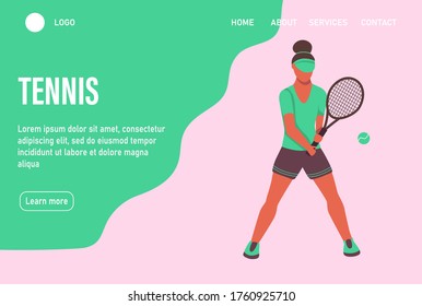 A young woman playing tennis. Website homepage landing web page template. A flat character. Vector illustration.