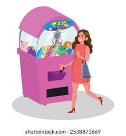 young woman playing with a toy catching machine, the woman tries to catch a teddy bear in the machine. vector illustration.