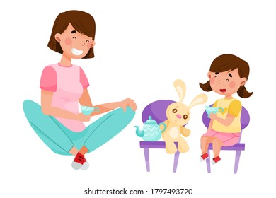 Young Woman Playing Toys with Her Daughter Vector Illustration