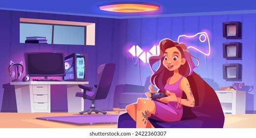 Mujer joven jugando videojuegos en la consola con gamepad. Interior de sala vectorial de dibujos animados con configuración de juegos y streaming, señales de neón brillantes y computadora de jugador. Niña sentada en un sillón con joystick.