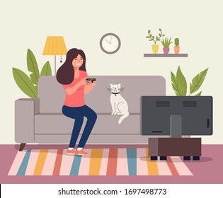 Young woman playing videogame on the sofa. Vector flat style illustration