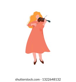 Young Woman Playing Violin, Female Musician Violinist ith Classical Musical Instrument Vector Illustration