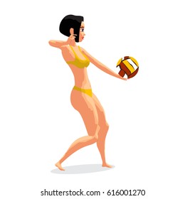 Young woman playing volleyball. Girl puts the ball in the game. Flat isolated vector illustration
