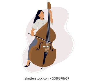 Young woman plays the double bass. A person sits with a bowed instrument and creates the rhythm of the melody. The character plays a musical instrument as part of a jazz band. Flat vector.