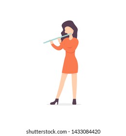 Young woman plays the flute music. Flat vector illustration. 