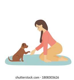 Una joven juega con una mascota. El perro le da una pata a la chica. Cuidada ilustración de la relación y amistad entre persona y animal. Vector plano, de dibujos animados.