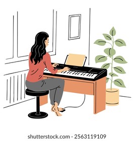 A young woman plays the piano at home. Musical instrument. Hobbies, creativity and entertainment. Music lesson. Flat vector art illustration