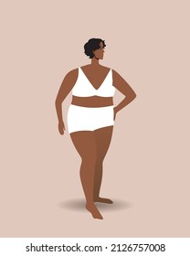 Young woman plus size in underwear. Flat vector stock illustration. Modern woman is isolated for design. Concept of different figure, skin color. Person with short hair and overweight
