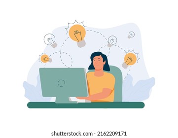 Young woman point at bulb. Concept of finding brilliant ideas or thinking. Creative people with light bulbs. Business character with lightbulbs as symbol of solution and knowledge for web banner.