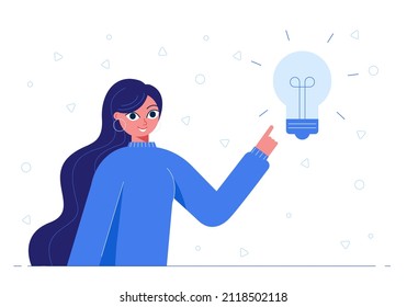 Young woman point at bulb. Woman got an idea. Manager working on the task, finding solution and solving problem. Idea and problem solving concept. Vector illustration isolated on white
