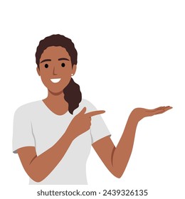 Young woman point up at good deal or offer. Happy girl show with fingers up recommend good sale or discount. Copy space. Flat vector illustration isolated on white background