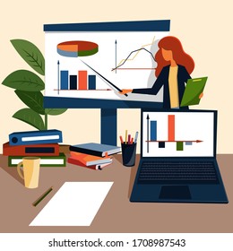 A young woman with a pointer speaks to colleagues and explains the data in the chart. Office desktop. Vector illustration in a flat style.