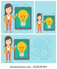 Young woman pointing at a big tablet computer. Woman standing near a big tablet computer with a light bulb on a screen. Vector flat design illustration. Square, horizontal, vertical layouts.