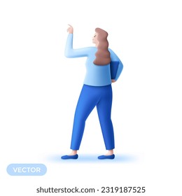 Young woman pointing at blank space vector people character. Full body positive female person choosing something overhead. Isolated 3d cartoon illustration for web graphic design and animation