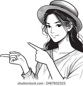 Mujer joven que señala el espacio vacío pose línea dibujado a mano boceto Vector diseño plano ilustración de dibujos animados