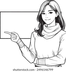 Young woman pointing empty space pose line hand drawn sketch vector flat design cartoon illustration