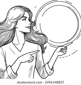Young woman pointing empty space pose line hand drawn sketch vector flat design cartoon illustration