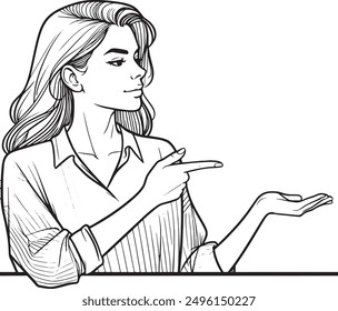 Young woman pointing empty space pose line hand drawn sketch vector flat design cartoon illustration
