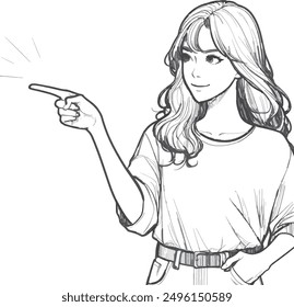 Mujer joven apuntando a la línea de pose de espacio vacío dibujado a mano boceto Vector plano diseño ilustración de dibujos animados