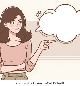 Mujer joven apuntando a la línea de pose de espacio vacío dibujado a mano boceto Vector plano diseño ilustración de dibujos animados