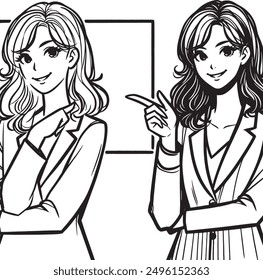 Young woman pointing empty space pose line hand drawn sketch vector flat design cartoon illustration