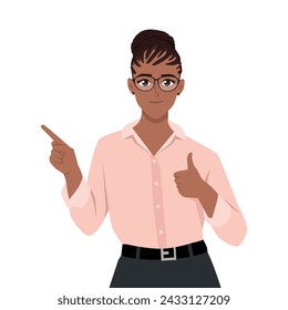 Young woman pointing finger left and showing thumbs up. Flat vector illustration isolated on white background