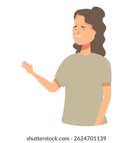 Young woman pointing with hand and smiling, friendly person greeting, illustration