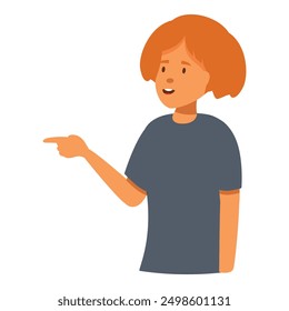 Young woman pointing her finger to the side while smiling happily