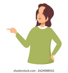 Young woman is pointing with her finger showing something interesting with a smiling face expression
