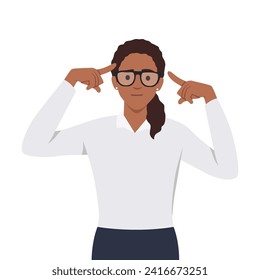 Young woman pointing her head think. Focused female ask to use brain and think and consider more. Flat vector illustration isolated on white background