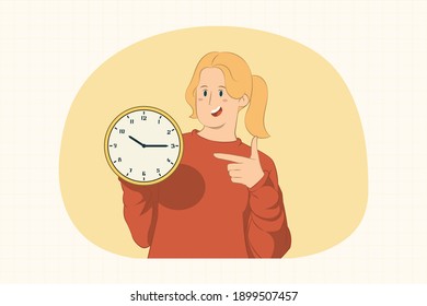 Young woman pointing index finger on clock concept for banner, poster, website, etc.