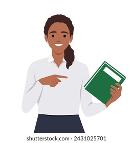 Young woman pointing with index finger into book. Woman asking people to reading and studying for a better life. Flat vector illustration isolated on white background