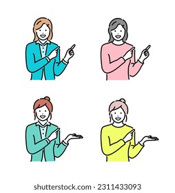 Young woman pointing (introducing)  vector illustration set