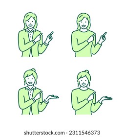 Young woman pointing (introducing)  vector illustration set